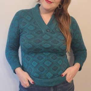 Vintage Teal Floral Argyle V Neck Sweater